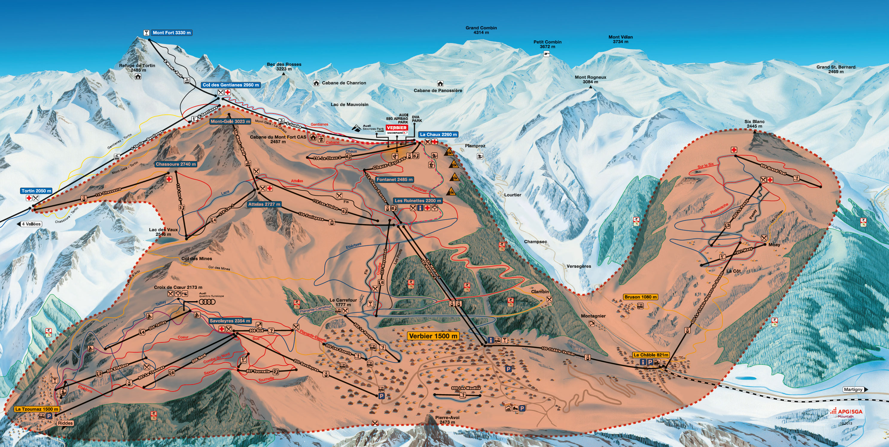 mapa tras narciarskich Verbier, La Tzoumaz i Le Chable