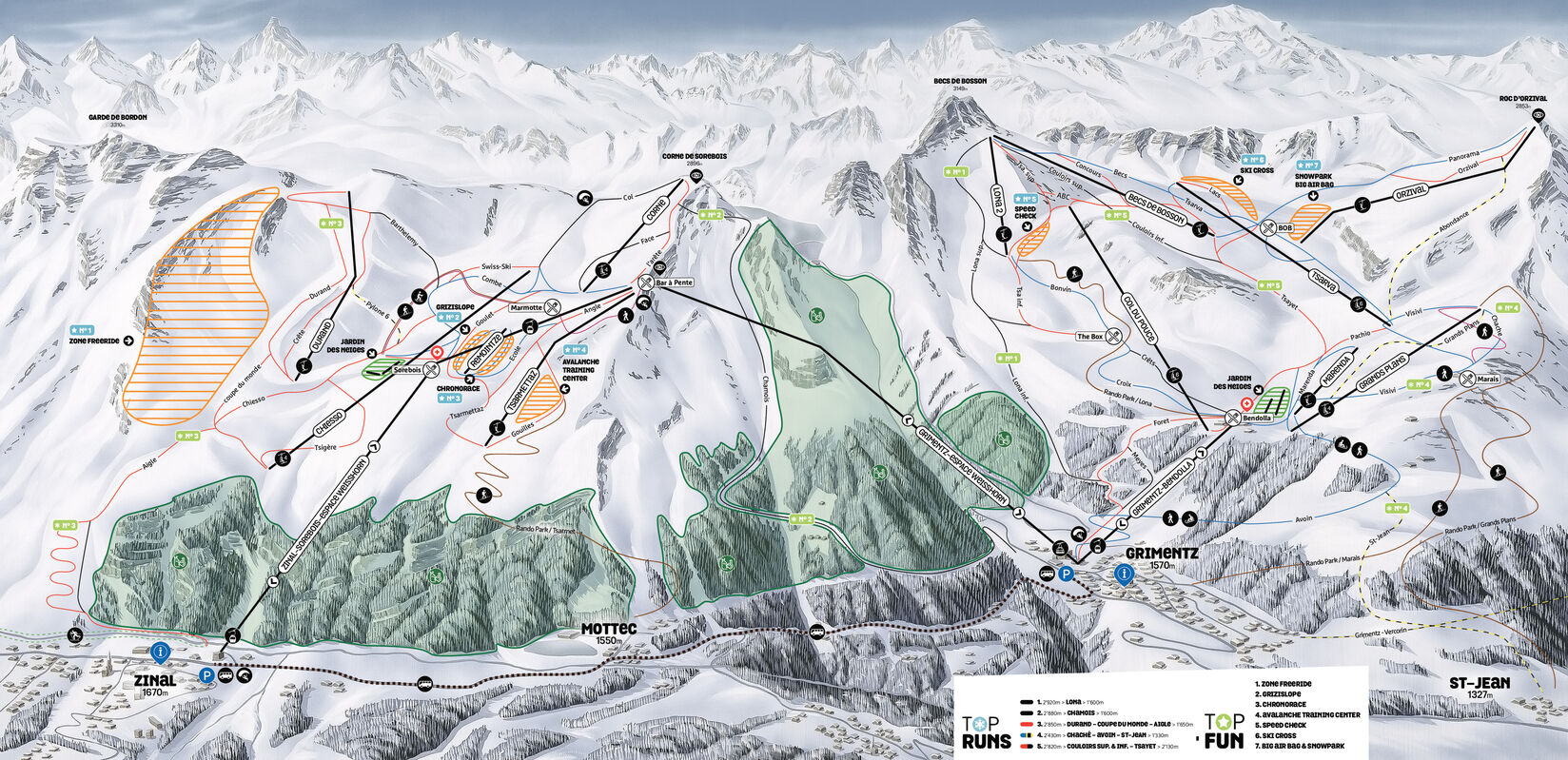 mapa tras narciarskich Zinal, Grimentz, St-Luc, Chandolin i Vercorin