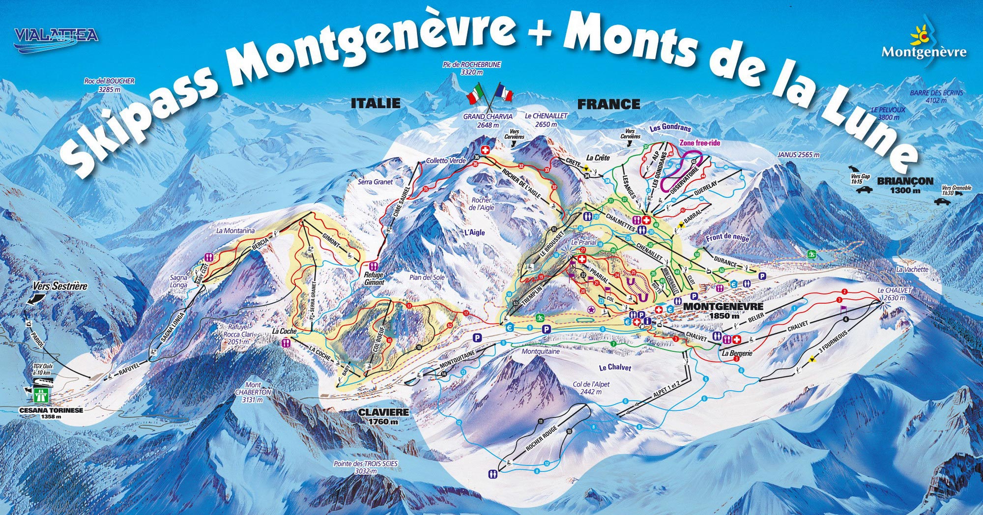 mapa tras narciarskich Montgenèvre + Monts de la Lune